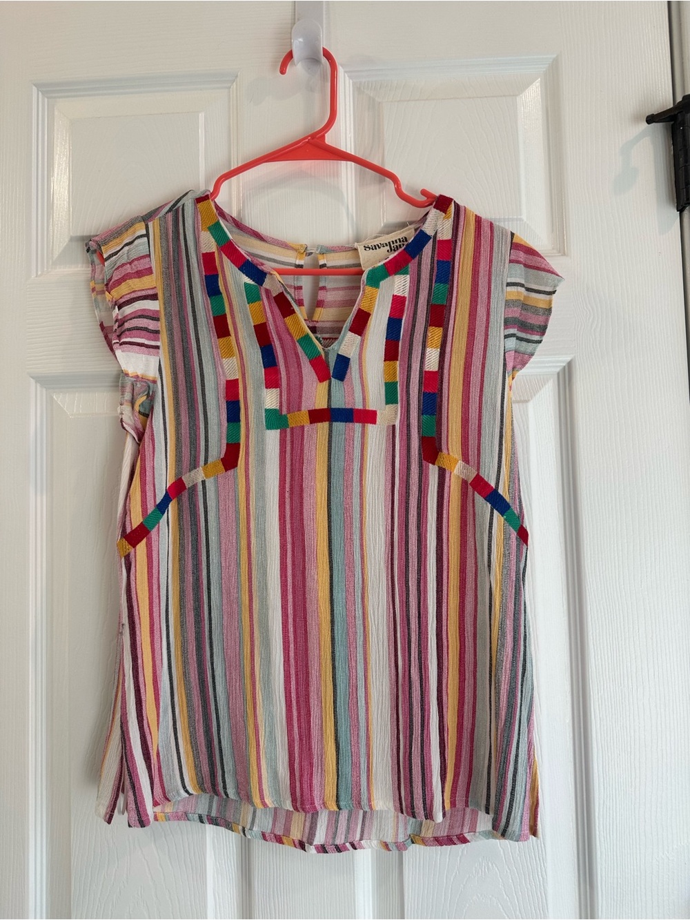 Savanna Jane Striped Multicolor V-Neck Women’s Lightweight Summer Blouse Small